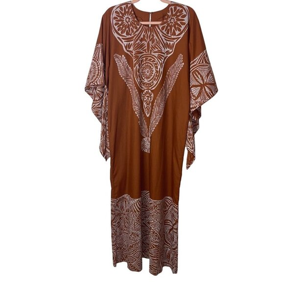 Vintage Womens Dress Size Large Brown Maxi Dramatic Sleeve Caftan Hawaiian - Picture 1 of 10